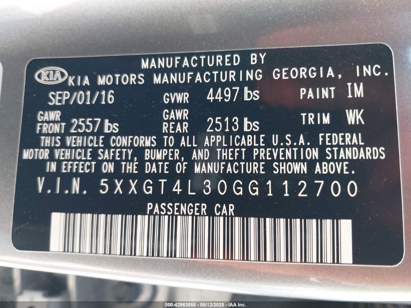 2016 Kia Optima Lx VIN: 5XXGT4L30GG112700 Lot: 42963558