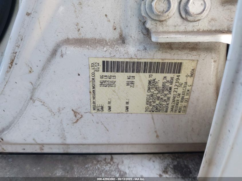 2012 Nissan Altima 2.5 S VIN: 1N4AL2AP4CC212394 Lot: 42963563