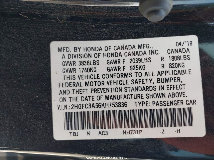 2019 Honda Civic Si VIN: 2HGFC3A56KH753836 Lot: 42963594