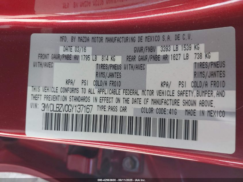 2016 Scion Ia VIN: 3MYDLBZV0GY137167 Lot: 42963600