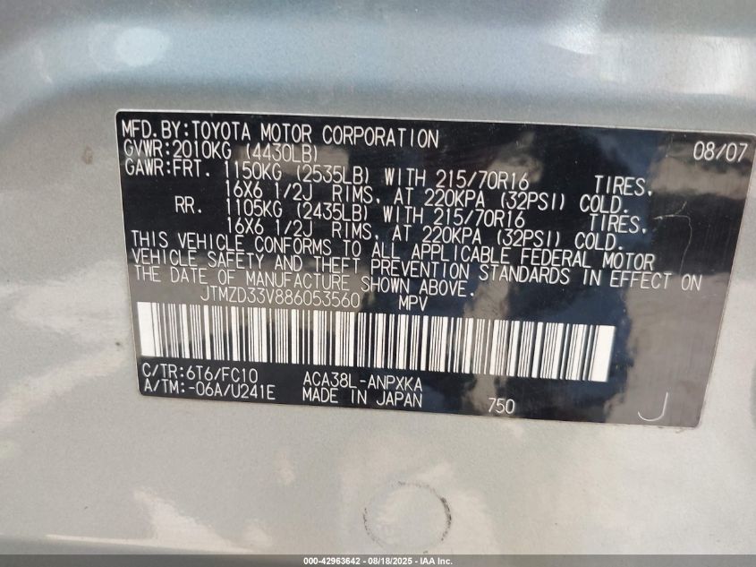 2008 Toyota Rav4 VIN: JTMZD33V886053560 Lot: 42963642