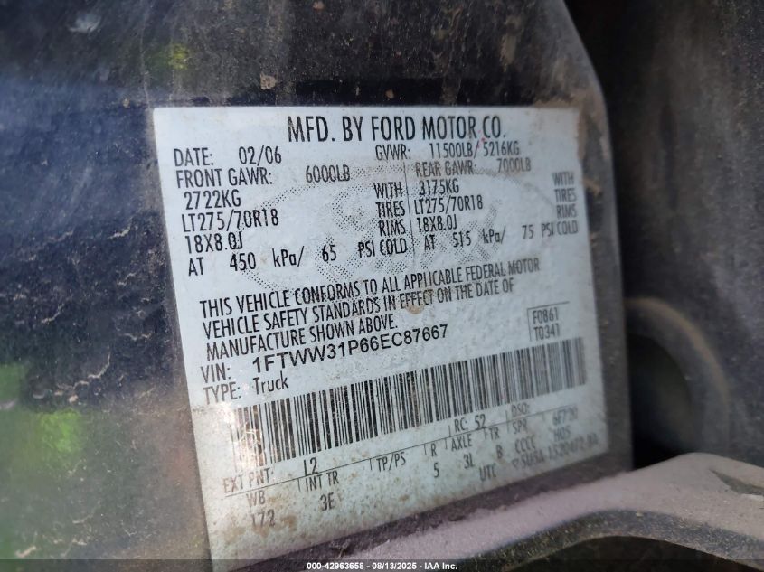 2006 Ford F-350 Lariat/Xl/Xlt VIN: 1FTWW31P66EC87667 Lot: 42963658
