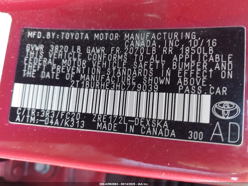 2017 Toyota Corolla Se VIN: 2T1BURHE3HC779039 Lot: 42963663