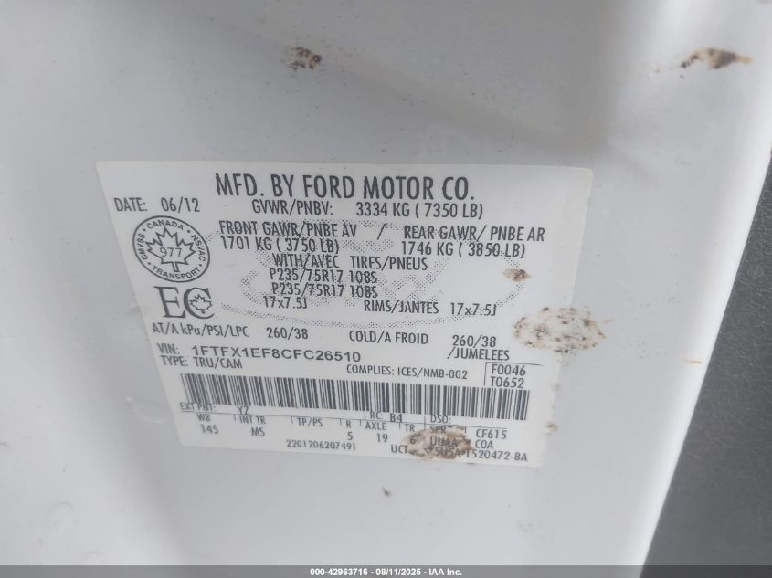 2012 Ford F-150 Xlt VIN: 1FTFX1EF8CFC26510 Lot: 42963716