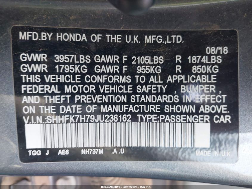 2018 Honda Civic Ex-L VIN: SHHFK7H79JU236162 Lot: 42963819