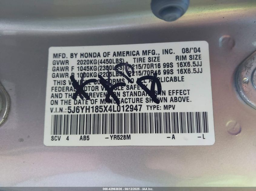 2004 Honda Element Ex VIN: 5J6YH185X4L012947 Lot: 42963836