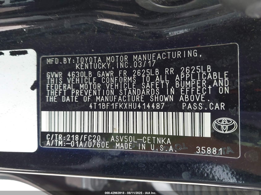 2017 Toyota Camry Le/Xle/Se/Xse VIN: 4T1BF1FKXHU414487 Lot: 42963918