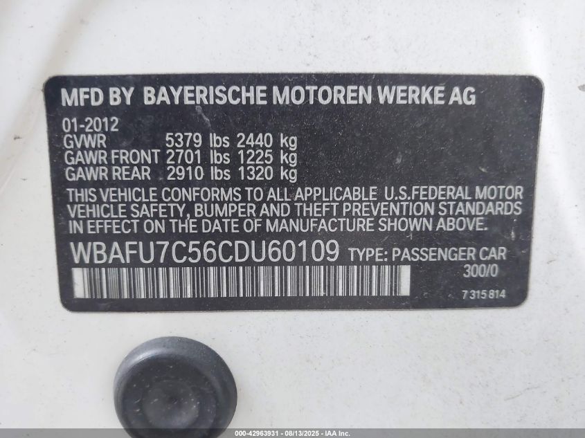 2012 BMW 535I xDrive VIN: WBAFU7C56CDU60109 Lot: 42963931