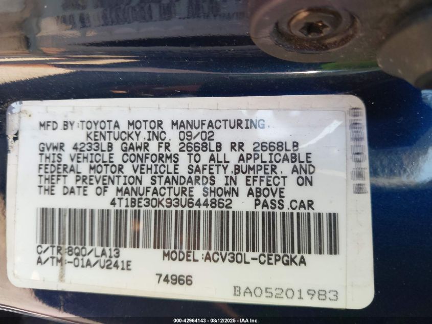 2003 Toyota Camry Xle VIN: 4T1BE30K93U644862 Lot: 42964143