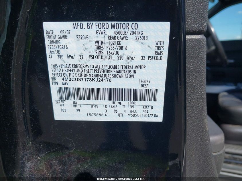 2008 Mercury Mariner Premier VIN: 4M2CU87178KJ24176 Lot: 42964188