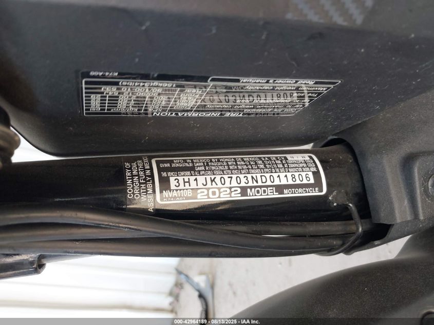 2022 Honda Nva110 B VIN: 3H1JK0703ND011806 Lot: 42964189