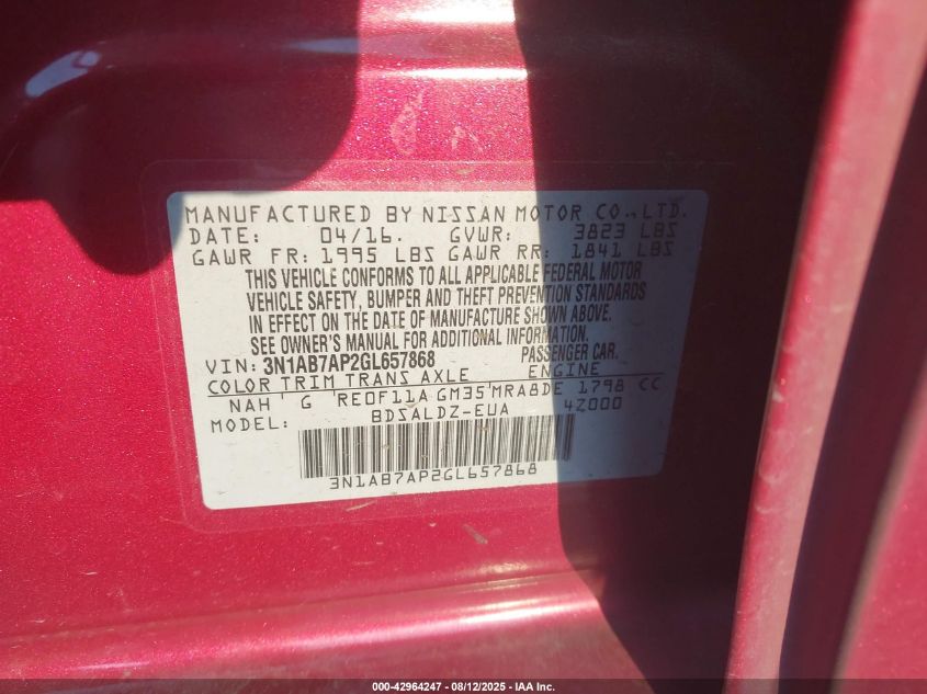 2016 Nissan Sentra Sv VIN: 3N1AB7AP2GL657868 Lot: 42964247