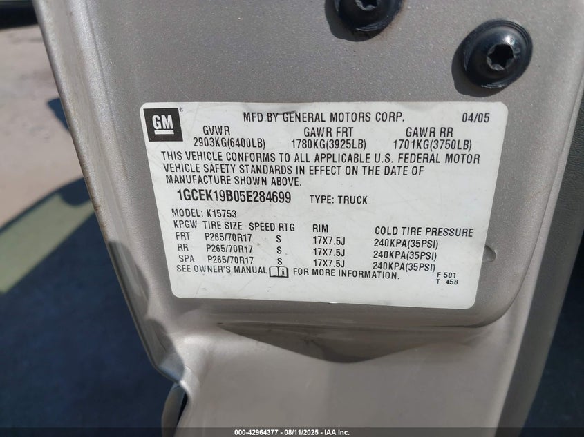 2005 Chevrolet Silverado 1500 Z71 VIN: 1GCEK19B05E284699 Lot: 42964377