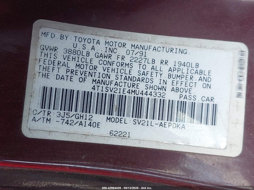 1991 Toyota Camry Dlx VIN: 4T1SV21E4MU444332 Lot: 42964426