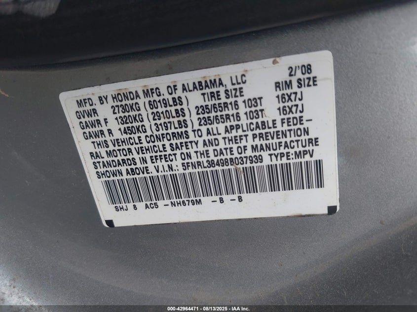 2008 Honda Odyssey Ex VIN: 5FNRL38498B037939 Lot: 42964471