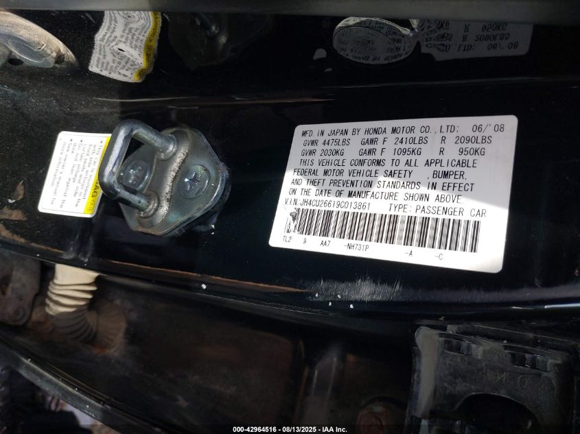 2009 Acura Tsx VIN: TH4CU26619C013861 Lot: 42964516