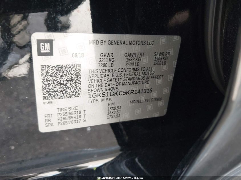 2019 GMC Yukon Xl Slt VIN: 1GKS1GKC5KR141316 Lot: 42964571