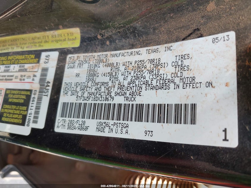 2013 TOYOTA TUNDRA GRADE 5.7L V8 - 5TFDW5F18DX310679