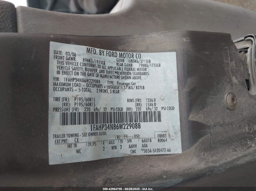 2006 Ford Focus Zx4 VIN: 1FAHP34N86W229088 Lot: 42964706