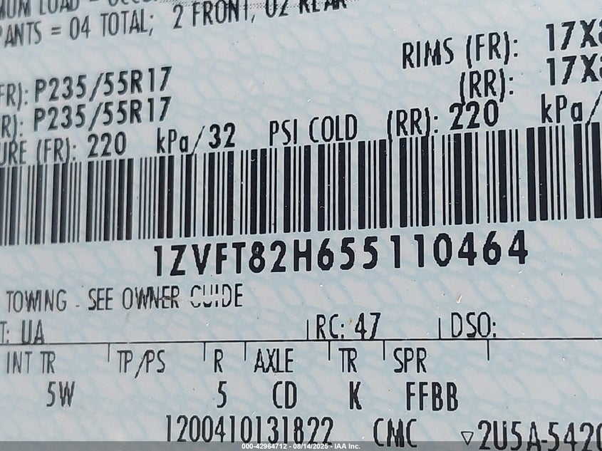 2005 Ford Mustang Gt Deluxe/Gt Premium VIN: 1ZVFT82H655110464 Lot: 42964712