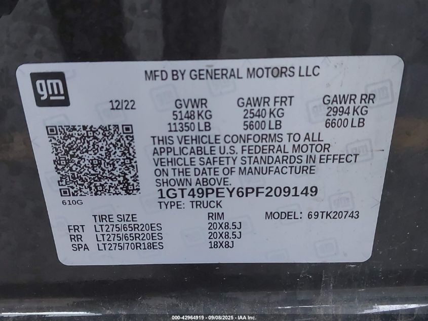 2023 GMC Sierra 2500Hd 4Wd Standard Bed At4 VIN: 1GT49PEY6PF209149 Lot: 42964919
