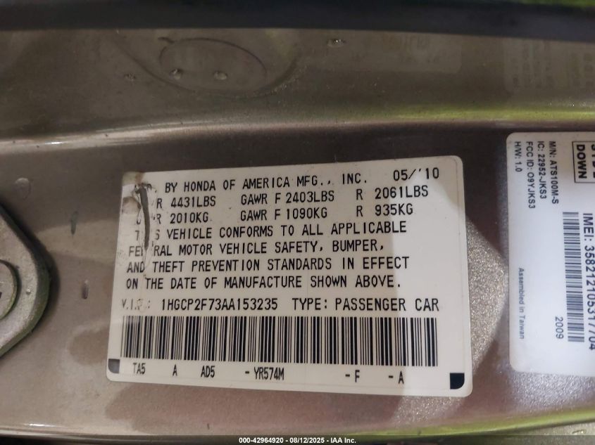 2010 Honda Accord 2.4 Ex VIN: 1HGCP2F73AA153235 Lot: 42964920