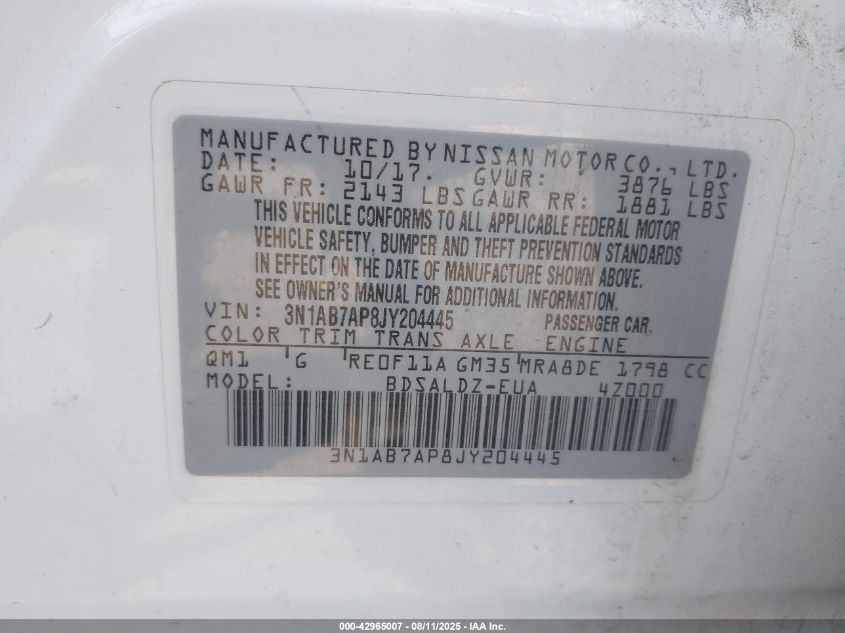 2018 Nissan Sentra Sv VIN: 3N1AB7AP8JY204445 Lot: 42965007