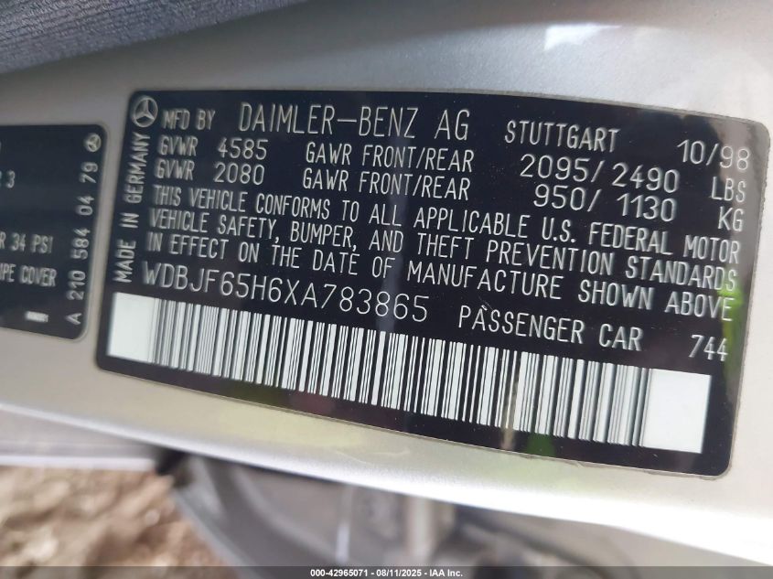 1999 Mercedes-Benz E 320 VIN: WDBJF65H6XA783865 Lot: 42965071