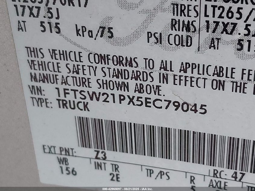 2005 Ford F-250 Lariat/Xl/Xlt VIN: 1FTSW21PX5EC79045 Lot: 42965097