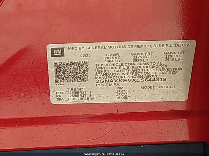 2020 Chevrolet Equinox Fwd Lt 1.5L Turbo VIN: 3GNAXKEVXLS644318 Lot: 42965117