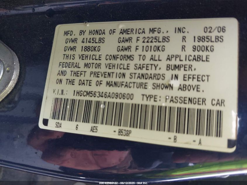 2006 Honda Accord 2.4 Se VIN: 1HGCM56346A090600 Lot: 42965122