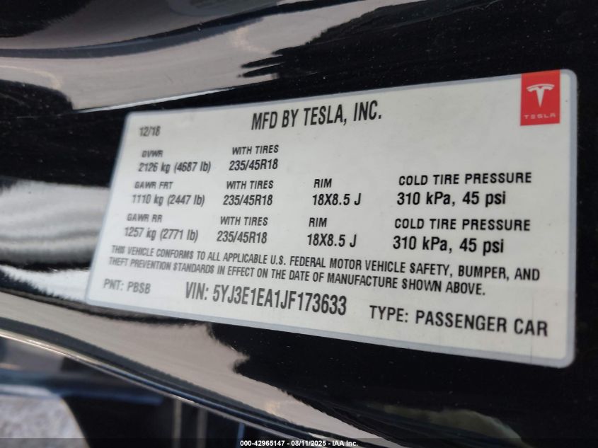 2018 Tesla Model 3 Long Range/Mid Range VIN: 5YJ3E1EA1JF173633 Lot: 42965147