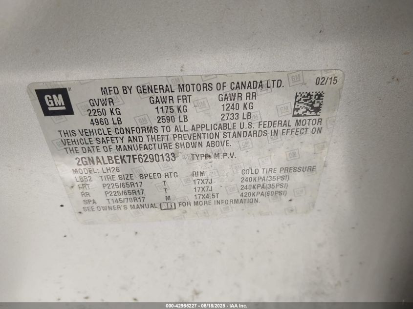 2015 Chevrolet Equinox 1Lt VIN: 2GNALBEK7F6290133 Lot: 42965227