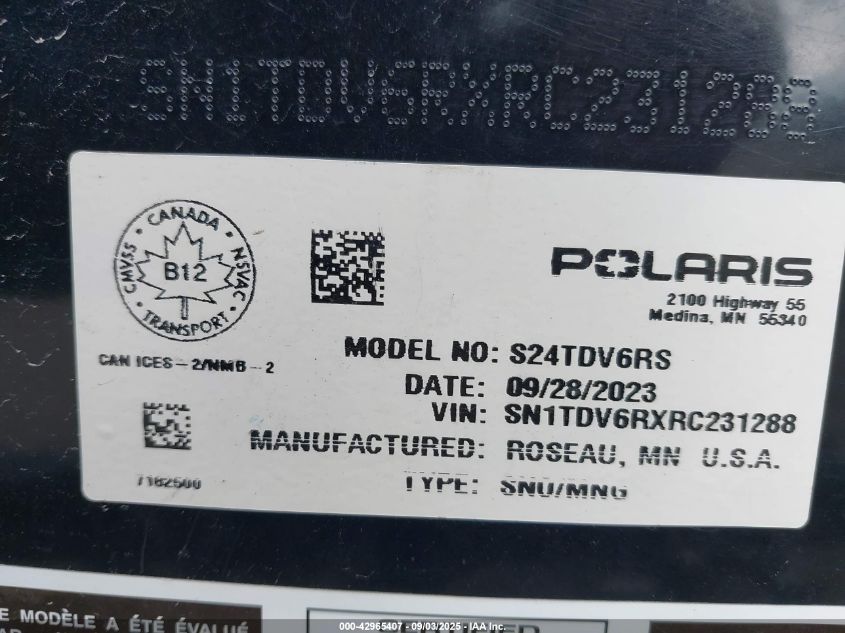 2024 Polaris 650 Indy Vr1 VIN: SN1TDV6RXRC231288 Lot: 42965407