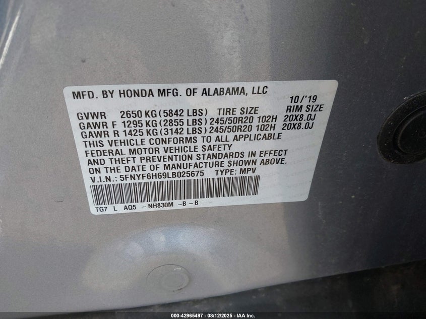 VIN 5FNYF6H69LB025675 2020 HONDA PILOT AWD TOURING 7 PASSENGER