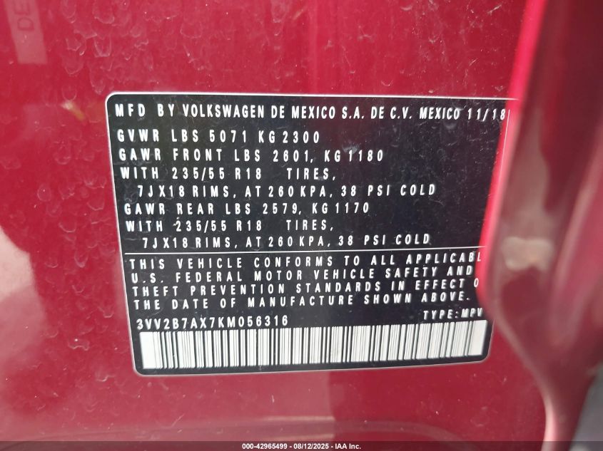 2019 Volkswagen Tiguan 2.0T Se/2.0T Sel/2.0T Sel R-Line/2.0T Sel R-Line Black VIN: 3VV2B7AX7KM056316 Lot: 42965499