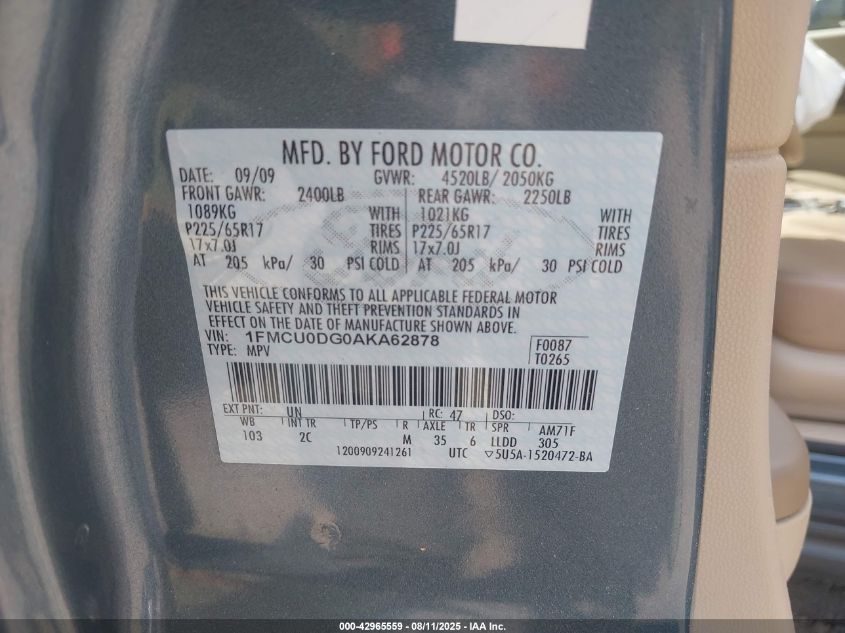 2010 Ford Escape Xlt VIN: 1FMCU0DG0AKA62878 Lot: 42965559