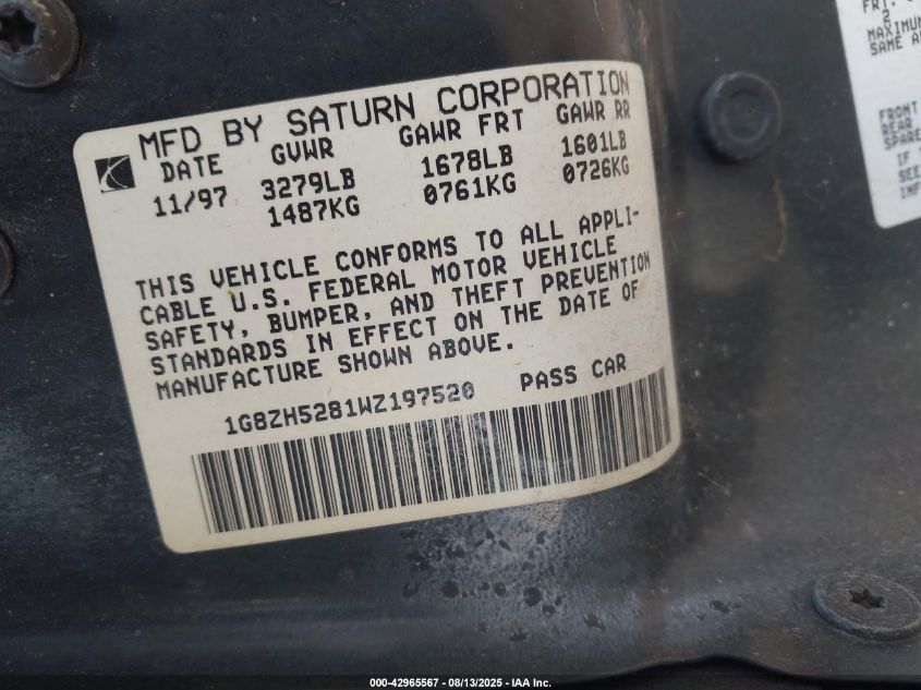 1998 Saturn Sl1 VIN: 1G8ZH5281WZ197520 Lot: 42965567