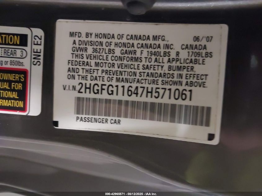 2007 Honda Civic Lx VIN: 2HGFG11647H571061 Lot: 42965571