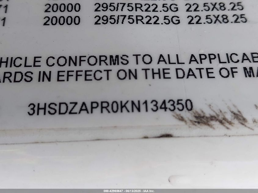 2019 International Lt VIN: 3HSDZAPR0KN134350 Lot: 42965647
