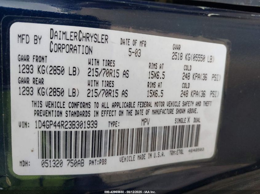 2003 Dodge Caravan VIN: D4GP44R23B301939 Lot: 42965650