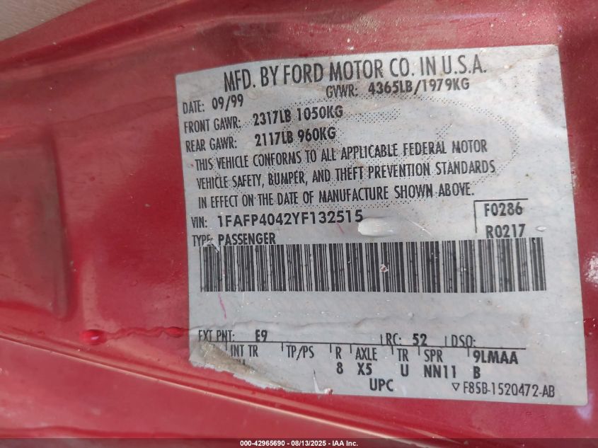 2000 Ford Mustang VIN: 1FAFP4042YF132515 Lot: 42965690