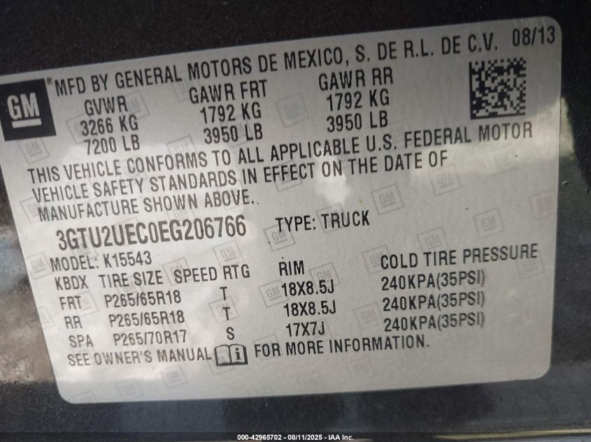 2014 GMC Sierra 1500 Sle VIN: 3GTU2UEC0EG206766 Lot: 42965702