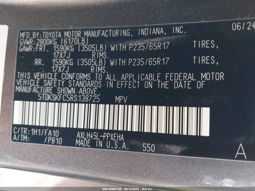 2024 TOYOTA SIENNA LE 5TDKSKFC8RS25D694