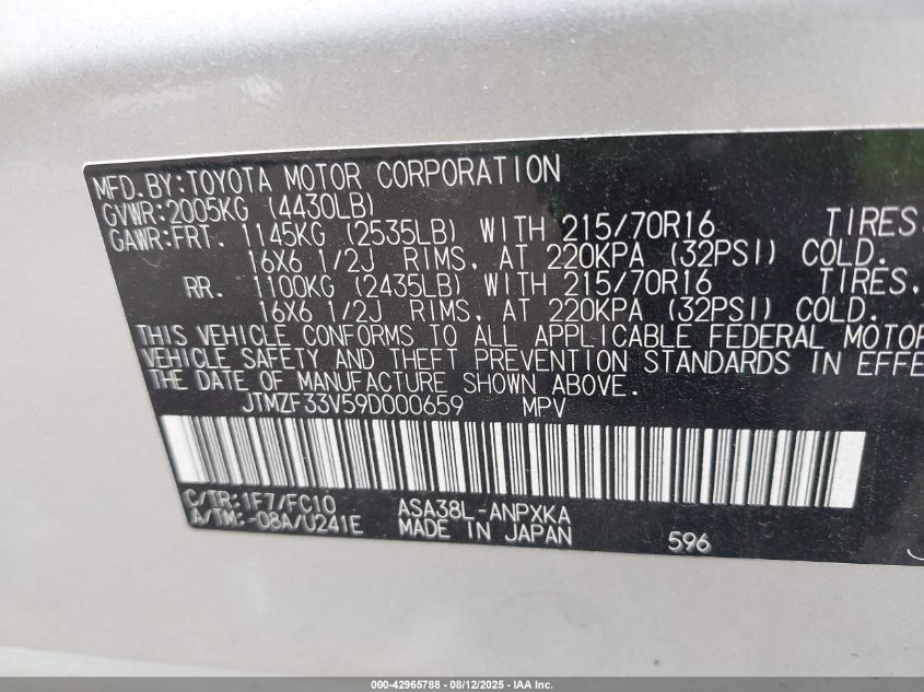 2009 Toyota Rav4 VIN: JTMZF33V59D000659 Lot: 42965788