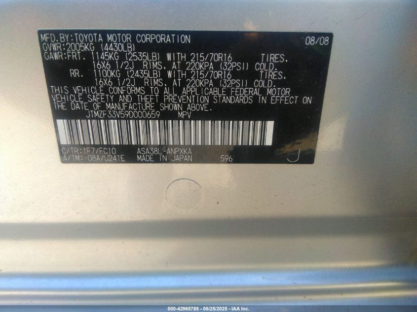 2009 Toyota Rav4 VIN: JTMZF33V59D000659 Lot: 42965788