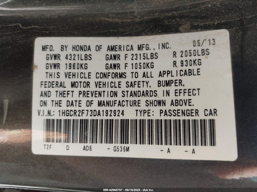 2013 Honda Accord Ex VIN: 1HGCR2F73DA192924 Lot: 42965797