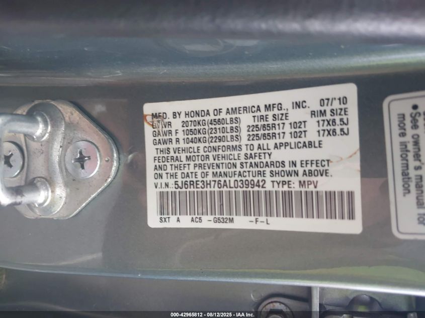 2010 Honda Cr-V Ex-L VIN: 5J6RE3H76AL039942 Lot: 42965812