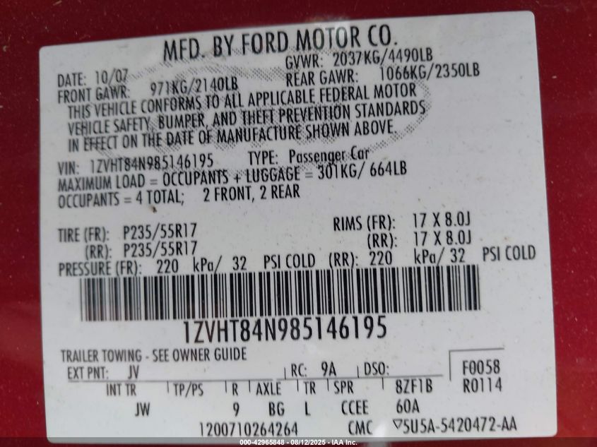 2008 Ford Mustang V6 Deluxe/V6 Premium VIN: 1ZVHT84N985146195 Lot: 42965848