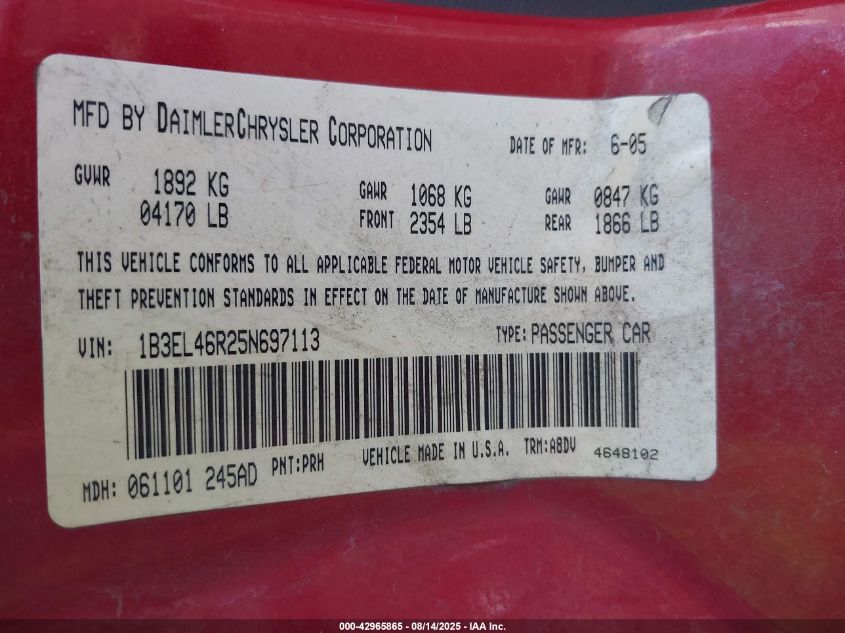 2005 Dodge Stratus Sxt VIN: 1B3EL46R25N697113 Lot: 42965865